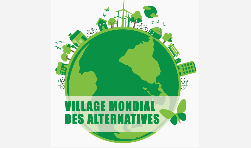 Logo d'une planète verte citant "Village Mondial Des Alternatives"